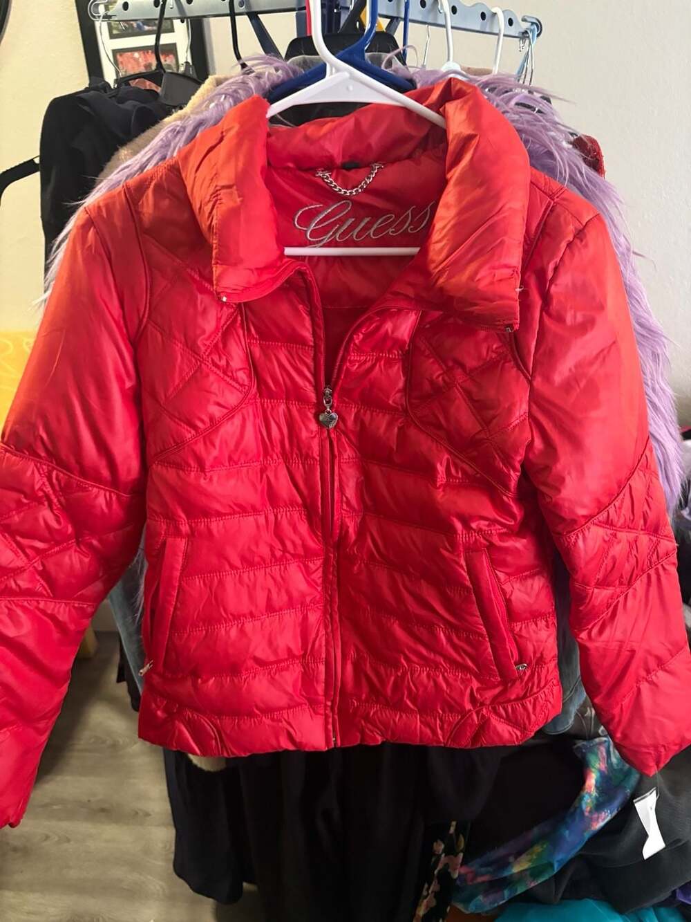 Guess Quilted Puffer Jacket Size S Red Full Zip Collar